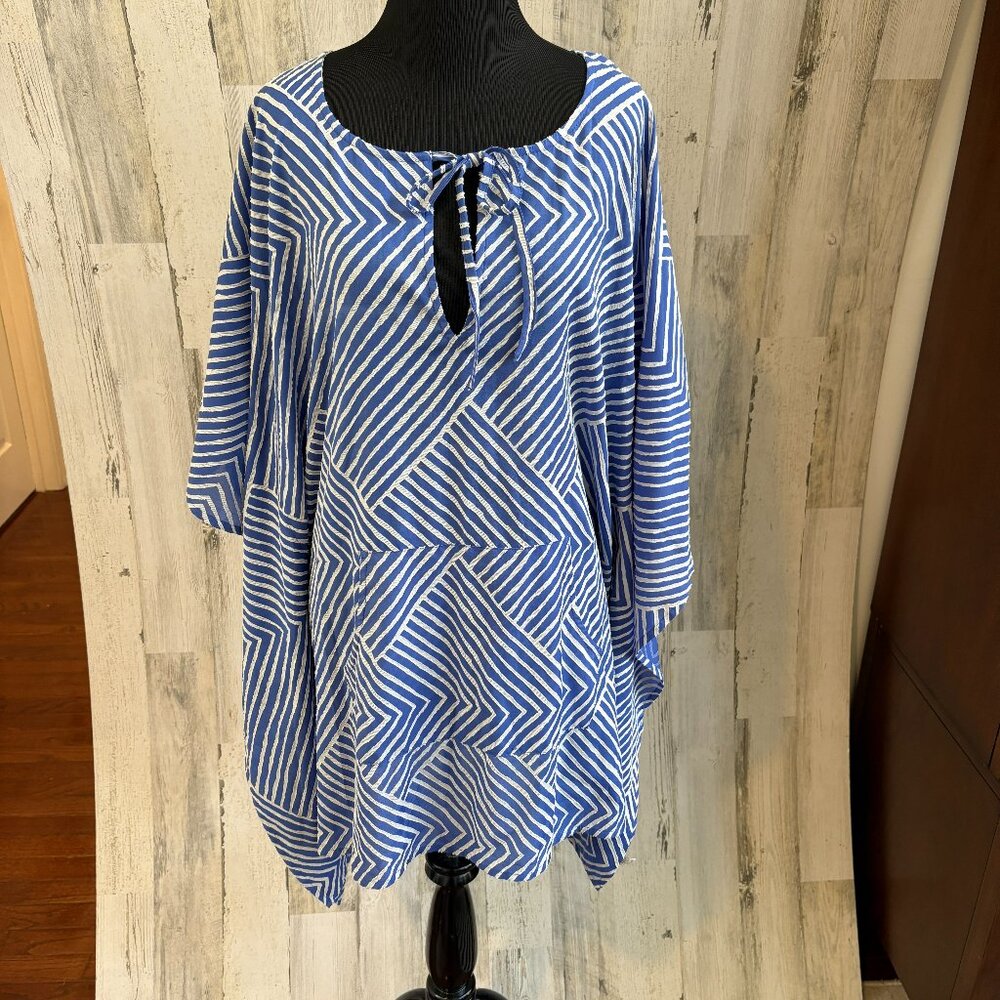 Echo Women's Size Small Tunic Swim Coverup Kimono Sleeves Blue/White